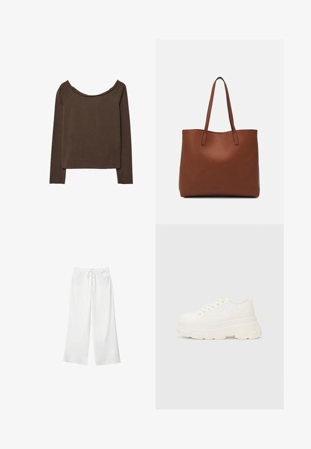 Brown long-sleeve top with a wide neckline, made of soft material, featuring a relaxed fit and minimal seams for a smooth silhouette.; White wide-leg pants made of soft fabric, featuring a drawstring waist and two front pockets. Smooth texture and no visible patterns.; White canvas sneaker with a chunky sole, rounded toe, and five eyelets for laces. Back tab for easy wear. Smooth texture, minimalist design.; Brown leather tote bag with a smooth texture, open top design, and two shoulder straps. Features minimal stitching and no visible hardware.