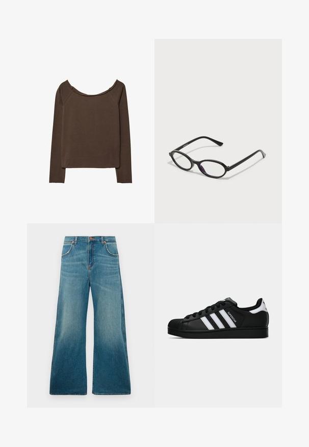 Brun langærmet top med bred halsudskæring, lavet af blødt materiale, med en afslappet pasform og minimale sømme for en glat silhuet.; Højtaljede blå denimjeans med brede ben, frontlommer, knaplukning og en falmet farvegradient fra talje til kant.; Sort Adidas Superstar sneaker med hvide striber, skaletå og "Superstar"-tekst på siden, vist i sideprofil på hvid baggrund.; Sorte ovale briller med gennemskinnelige lilla accenter på linserne. Rammen har en mat finish og slanke, lige stænger.; Mørkegrøn læderhåndtaske med en buet form, lynlåslommer og en frontlomme med klap. Udstyret med sølvhardware og tekstureret finish.