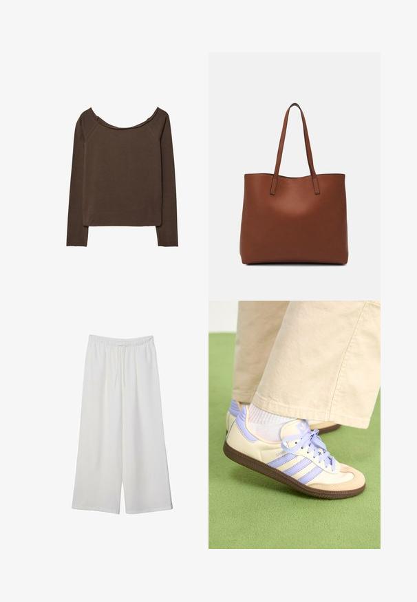 Smeđa dugorukava majica sa širokim izrezom, izrađena od mekog materijala, s opuštenim krojem i minimalnim šavovima za glatku siluetu.; Bijele hlače širokog kroja izrađene od lagane tkanine, s elastičnim pojasom i vezicom za prilagodljivu veličinu. Glatka tekstura.; Kremasto-ljubičaste tenisice s tri pruge i strukturiranim smeškim potplatom, s vezicama i podstavljenim petom. Mekana gornja tkanina.; Smeđa kožna torba preko ramena s glatkom teksturom, otvorenim vrhom i dvjema naramenicama. Ima minimalne šavove i nema vidljivog hardvera.