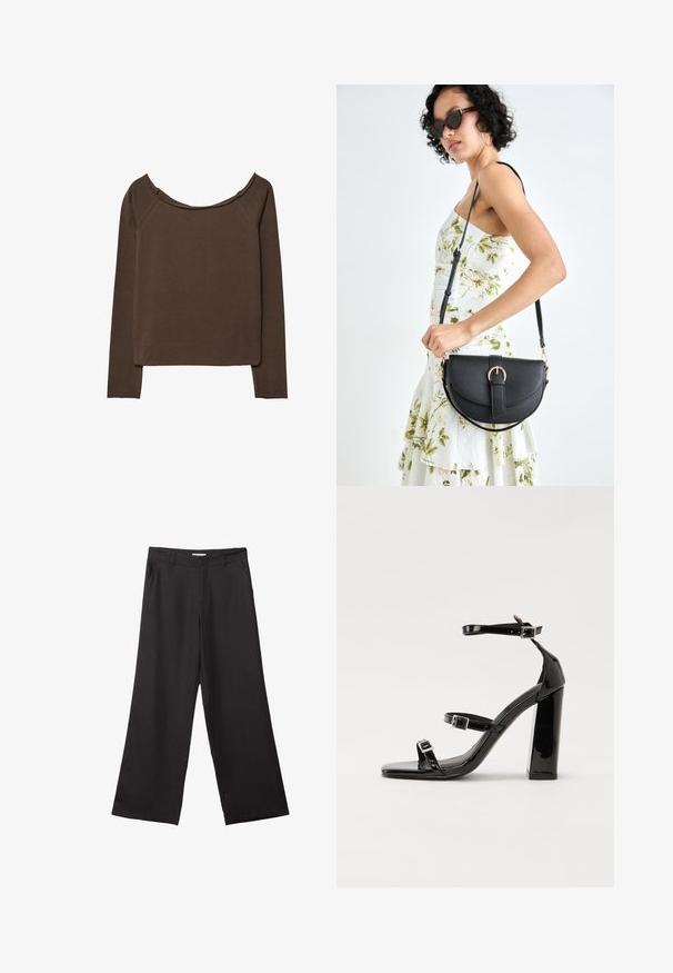 Hnědý dlouhý rukáv s širokým výstřihem, vyrobený z měkkého materiálu, s volným střihem a minimem švů pro hladký siluetu.; Černé široké kalhoty vyrobené z hladké tkaniny, s předním zipem a dvěma bočními kapsami, s dobře padnoucím střihem a minimalistickým designem.; Černé lakované sandály na podpatku se čtveratou špičkou, lýtkovými pásky a stříbrnými přezkami. Disponují masivním blokovým podpatkem pro stabilitu.; Černá kožená kabelka s křivkovým tvarem, odnímatelným popruhem a zlatými detaily. Kabelka má klopu s přezkou.