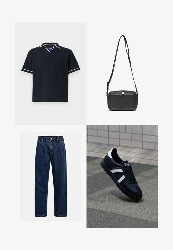 Tumesinine lühikeste varrukatega polo särk V-kaelusega, valge äärisega krae ja varrukatel, tekstuuriga kangas ning sirge alläärega. Sinine brändi silt sees.; Tumed sinine denimiteksad sirge lõikega. Omavad nähtavat tikandit, nuppe sulgemiseks ning ees olevaid voldikesi lisadetailiks.; Must have musta sneaker musta valgete triipudega, tekstuurne kummitald ja nööridega esiosa. Omab bränditud märki keele peal.; Musternast mustriga nahast ristiõlgadega kott, millel on tõmbluku sulgemine, esiküljel on sissepressitud logo ja reguleeritav rihm. Sile tekstuur ja ristkülikukujuline kuju.