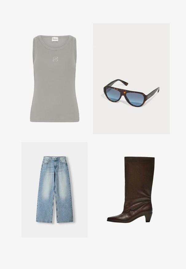 Graues, geripptes Tanktop mit rundem Halsausschnitt und ärmellosem Design. Verfügt über ein dezentes, gesticktes Logo auf der Brust.; Helle blaue, weit geschnittene Jeans mit hoher Taille, mit einem verwaschenen Finish, fünf Taschen und geradem Schnitt.; Dunkelbraune Lederstiefel bis zur Mitte der Wade mit niedrigem Blockabsatz, spitzem Schuh sowie leicht schlaffem Schaft vor einem weißen Hintergrund.; Sonnenbrille im Schildpatt-Look mit dunkelblauen Verlaufsgläsern, stabilem Rahmen und breiten Bügeln. Markenlogo an der Seite; glänzende Oberfläche.; Braune Lackleder-Handtasche in rechteckiger Form, mit zwei langen Griffen und subtilen, geschwungenen Akzenten auf der Vorderseite.