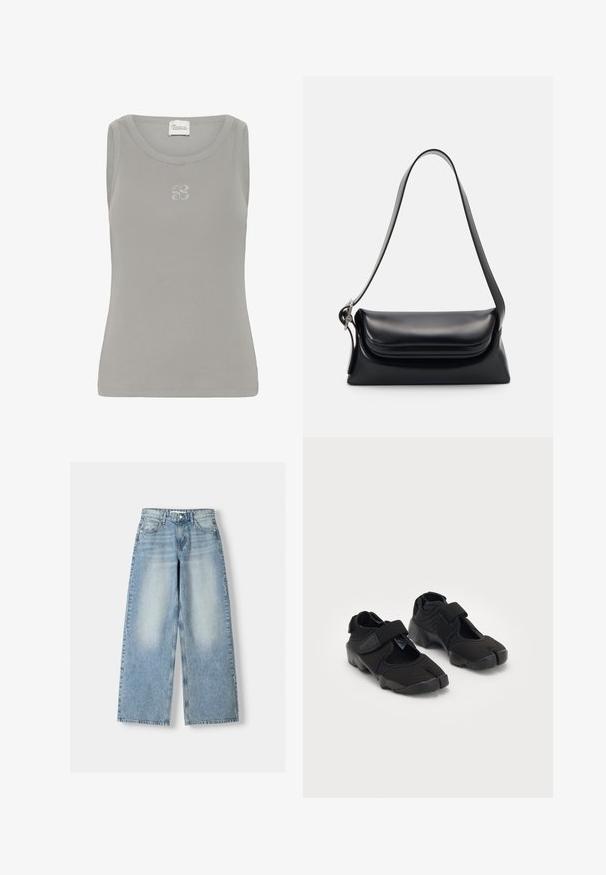 Grijze geribbelde tanktop met een ronde halslijn en mouwloos ontwerp. Heeft een subtiele geborduurde logo op de borst.; Lichtblauwe denim wijde jeans met een hoge taille, met een vervaagde afwerking, vijf zakken en een rechte cut.; Zwarte waterschoenen gemaakt van flexibel materiaal met een klittenbandsluiting, met een unieke gesplitste te ontwerpen en een rubberen zool met textuur voor grip.; Zwarte leren handtas met een gestructureerde vorm, een gladde textuur en een enkele schouderband. Heeft een subtiele, afgeronde klepontwerp.
