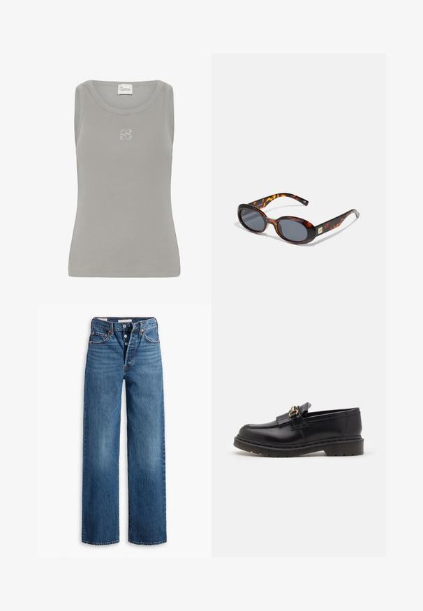 Graues, geripptes Tanktop mit rundem Halsausschnitt und ärmellosem Design. Verfügt über ein dezentes, gesticktes Logo auf der Brust.; Blaue Denim-Jeans mit weitem Bein, fünf Taschen, Knopfverschluss und kontrastierenden Nähten. Strukturierter Stoff mit einem verblassten Finish.; Schwarze Lederloafers mit runder Zehenform, dekorativem Fransenbesatz und goldenen Hardware-Akzenten. Dicke Gummisohle für zusätzlichen Halt und Strapazierfähigkeit.; Braune Schildpatt-Sonnenbrille mit ovalen Gläsern und dunkelgrauem Verlauf. Mit einem goldfarbenen Akzent an den Bügeln. Glatte Kunststoffoberfläche.; Schwarze synthetische Handtasche mit geschwungener Form, silberner Kettenriemen, Reißverschlussverschluss und eingeprägtem Markenlogo auf der Vorderseite. Glatte Textur.