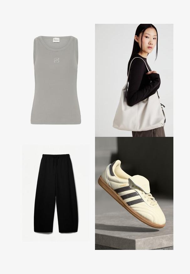 Szürke bordázott ujjatlan top, kerek nyakkivágással. Diszkrét hímzett logóval a mellrészen.; Fekete, bő szárú nadrág rugalmas derékkal és húzózsinórral. Puha anyag, sima felülettel. Egyenes szabás, oldalsó varrással.; Krém bőr sportcipő három sötét csíkkal, barna gumitalppal és lekerekített orral. Jellemzője a hajtogatható nyelv, amelyen "SAMBA" felirat található.; Puha anyagból készült bézs kézitáska, laza dizájnnal, varrott részletekkel és két vállpánttal. Mindennapi használatra alkalmas.