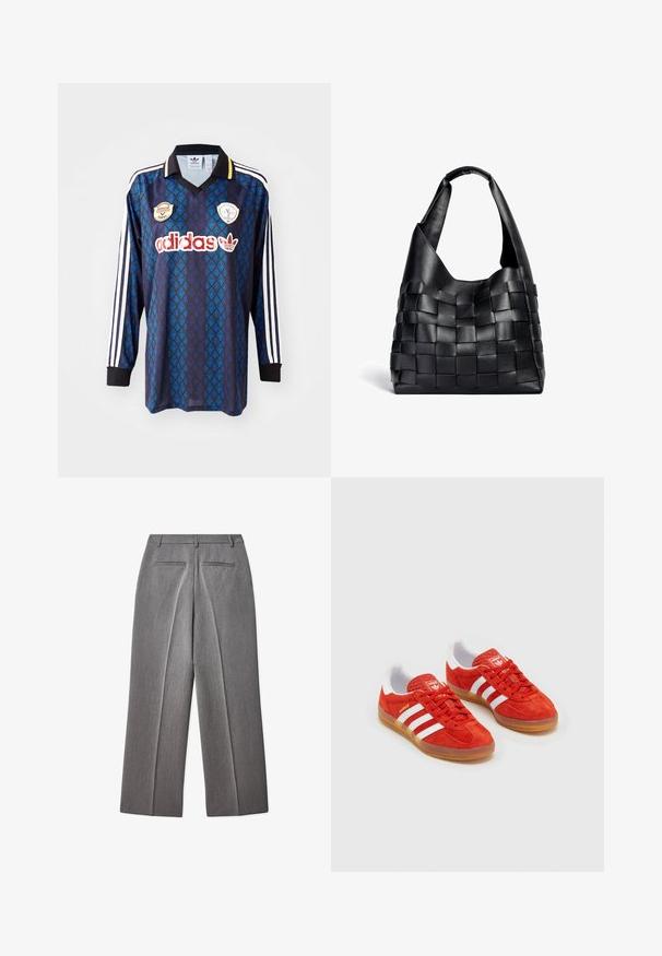 Adidas futbola krekls ar garām piedurknēm tumši zilā krāsā ar zilām lapu rakstām. Tam ir baltas strīpas, melna apkakle un dekoratīvas nozīmes priekšpusē.; Pelēki piegriezta bikses ar plakanu priekšpusi, taisnu kāju dizainu, divām aizmugurējām kabatām un smalku tekstūru.; Sarkani zamšādas sporta apavi ar baltiem svītrainiem, gumijas zole, mīksts apkakles malums un uzraksts uz mēles. Klasisks dizains ar teksturētu virsu.; Melna ādas austā tote soma ar brīvu formu un plašu plecu siksnu. Aprīkota ar teksturētu, savītotu dizainu ar gludu apdari.