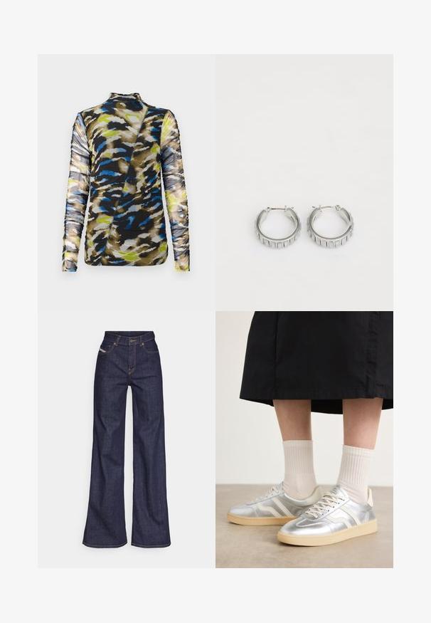 Langärmeliges Oberteil aus einem gemusterten Stoff in Brauntönen, Blau und Limettengrün, mit einem strukturierten, gerafften Design und hohem Kragen.; Dunkelblaue weite Jeans aus Denimstoff mit hoher Taille, ausgestattet mit orangefarbenen Nähten, fünf Taschen und einem Knopfverschluss.; Silberne synthetische Turnschuhe mit weißen Streifen, cremefarbener Sohle und strukturiertem Material; kombiniert mit hellen gerippten Socken und einem schwarzen Rock.; Silberne Creolen mit texturiertem Design und vertikalen Rillen. Kreisförmige Form mit sicherem Verschluss. Glatte Oberfläche.