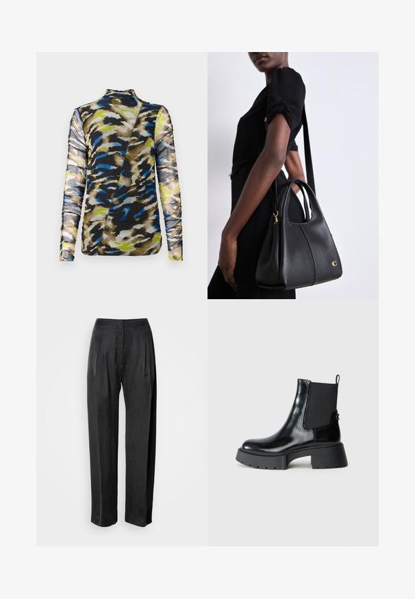 Langsleeve top in een gemêleerde stof met tinten bruin, blauw en limoen groen, met een textuur, geplooid ontwerp en hoge hals.; Zwarte broek met wijde pijpen van gladde stof, voorzien van plooien aan de voorkant, een ritssluiting en een klassieke tailleband.; Zwarte enkellaarzen van glanzend leer met elastische zijpanelen, een trekband en een robuuste rubberen zool met een gestructureerd loopvlak.; Zwarte leren handtas in hobo-vorm, met een gladde textuur, ronde bovenkant en gouden hardware accenten.