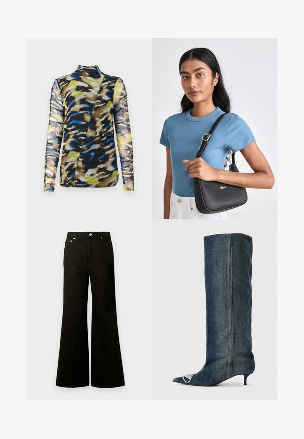 Long-sleeve top in a patterned fabric featuring shades of brown, blue, and lime green, with a textured, gathered design and high neckline.; Black high-waist wide-leg jeans with front button and zipper, belt loops, and five pockets including a small coin pocket.; Denim knee-high boot with a pointed toe, silver hardware accent, slim kitten heel, and a smooth, textured finish.; Black textured handbag with a curved shape, accented by a gold logo, paired with a ribbed light blue short-sleeve shirt and white pants.
