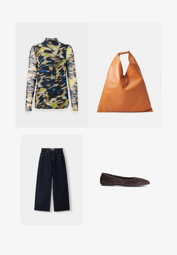 Długa bluzka z długim rękawem w wzorzysty materiał z odcieniami brązu, niebieskiego i limonkowego, z teksturowanym, marszczonym wzorem i wysokim kołnierzem.; Granatowe dżinsy z szerokimi nogawkami i wysokim stanem, pięć kieszeni, kontrastowe szwy i srebrne metalowe akcesoria. Gładka tekstura i czyste wykończenie.; Brązowe zamszowe baleriny z wąskim czubkiem i niskim profilem. Charakteryzują się gładką fakturą i minimalistycznym wzornictwem. Brak widocznych elementów metalowych lub dekoracji.; Gładka, brązowa skórzana torebka w kształcie trójkąta z krótkim, zaokrąglonym uchwytem i miękką, luźną strukturą na białym tle.