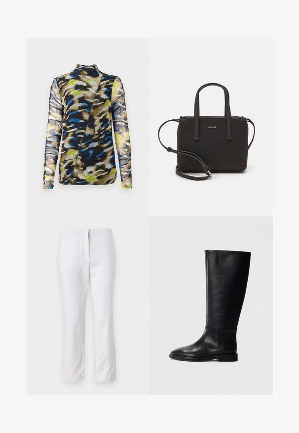 Garām piedurknēm tops izgatavots no rakstainas auduma, kurā ir brūni, zili un laima zaļi toņi, ar teksturētu, sasietu dizainu un augstu apkakli.; Baltas kokvilnas bikses ar taisnu kāju dizainu, ar vidēju augstumu un bez redzamām detaļām vai rakstiem. Visā virsmā ir gluda tekstūra.; Melnas ādas līdzceļgala zābaki ar noapaļotu pirkstu, gludu tekstūru, minimālistisku dizainu un plakanu zoli. Vienkāršas šuvju detaļas uz zābaku augšdaļas.; Melns roku soma ar divām īsām rokturiem un noņemamu plecu siksnu. Gluda ādas līdzīga materiāla ar rāvējslēdzēja aizdari un logos detaļu.