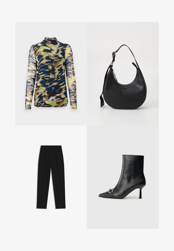Langsleeve top in een gemêleerde stof met tinten bruin, blauw en limoen groen, met een textuur, geplooid ontwerp en hoge hals.; Zwarte broeken met een rechte pasvorm, voorzien van dubbele plooien, een zachte textuur en een klassiek taillebandontwerp. Geen zichtbare hardware of accenten.; Zwarte leren enkelboot met spitse neus, slanke middenhoge hak en zilveren gespdetail aan de zijkant op een effen achtergrond.; Zwarte leren schoudertas met een gebogen vorm, ritsluiting en verstelbare schouderband. Voorzien van het reliëf logo van het merk aan de voorkant.