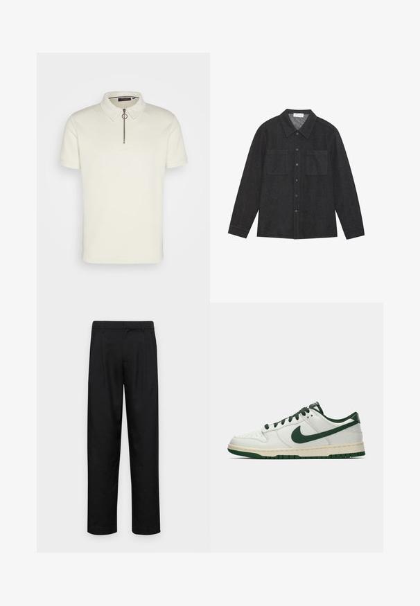 Trumpikų marškiniai trumpomis rankovėmis, pagaminti iš kreminės tekstūruotos medžiagos, su apykakle ir pusiau užtrauktuku su apvaliu traukimo užtrauktuku.; Tamsiai pilka marškiniai, pagaminti iš tekstūruoto audinio, su smailiu apykakle, mygtukų uždarymu ir dviem krūtinės kišenėmis. Ilgos rankovės su mygtuku užsegamais manžetais.; Juodi kelnių modeliai, pagaminti iš lygios medžiagos, turi tiesią kojas, du priekiniai klostės ir standartinę juosmenį su diržo kilpomis.; Balti žemi sportbačiai su tamsiai žaliu Nike swoosh, raišteliais ir padu, rodomi šoniniame profilyje ant baltos fono.
