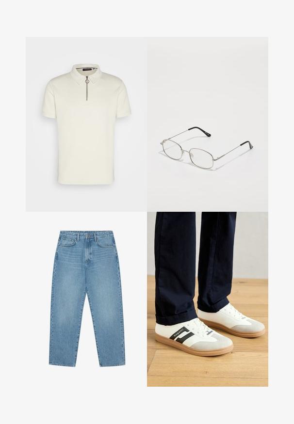 Kurze VA-Rümpfen Polohemd aus off-white strukturiertem Stoff, mit einem Kragen und einem halben Reißverschluss mit einem runden Zugriegel.; Hellblaue Jeans im weit geschnittenen Stil mit hoher Taille, ausgestattet mit fünf Taschen, Gürtelschlaufen und einer weichen, leicht verblassten Textur.; Weiße und graue Turnschuhe mit schwarzen Streifen, aus Leder gefertigt, mit einer Gummisohle und flachen Schnürsenkeln. Kombiniert mit blauen Hosen auf einem Holzboden.; Metallbrille mit ovalem Rahmen, silbernen Fassungen und klaren Gläsern. Schmale, gerade Bügel mit schwarzen Enden, minimalistisches Design.