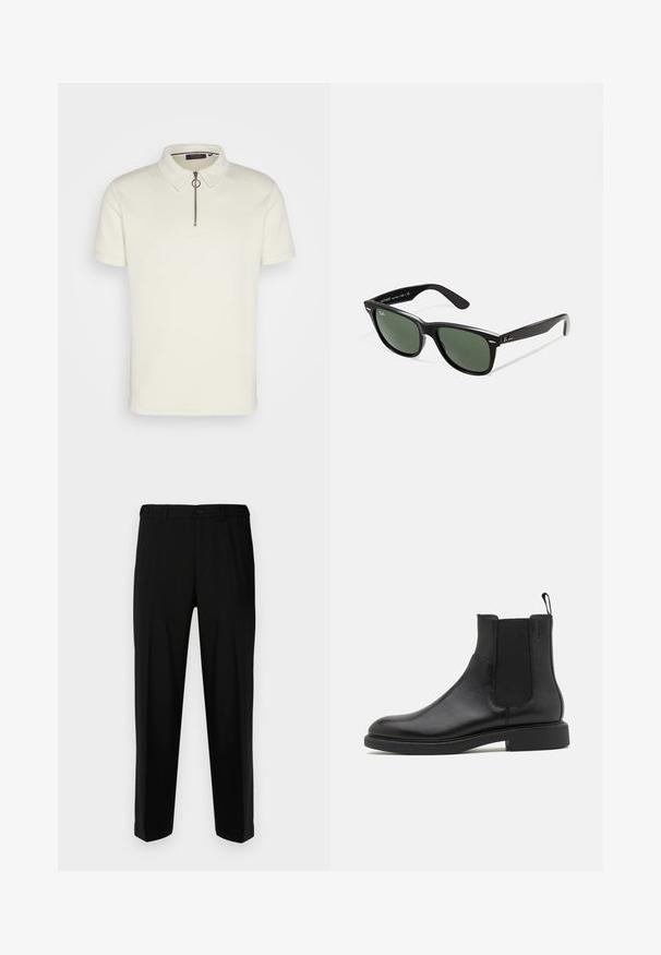 Rövid ujjú poloing törtfehér texturált anyagból, mely gallérral és fél cipzárral rendelkezik, kerek húzózsinórral.; Fekete nadrág sima anyagból, egyenes szabással, két elülső zsebbel és cipzáras, gombos záródással.; Fekete bőr bokacsizma sima felülettel, elasztikus oldalsó panelekkel és egy húzófüllel. Kerek orr és lapos gumi talp minimális bordázattal.; Fekete műanyag napszemüveg zöld lencsékkel, négyzet alakú kerettel, ezüst díszítéssel a keret felső részén, valamint texturált szárakkal. A márka neve a belső száron található.