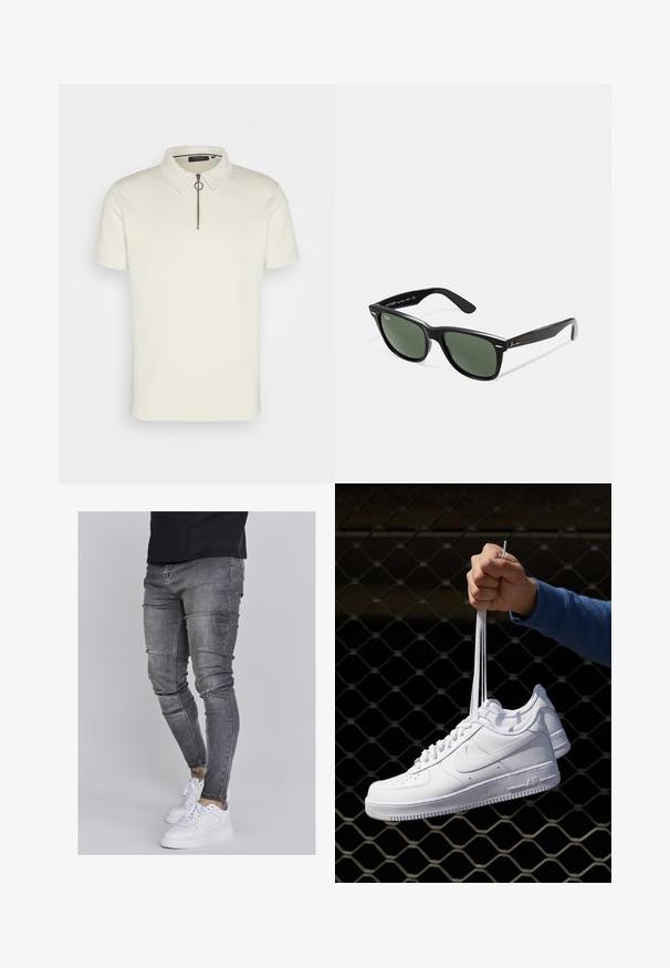 Kortærmet polo skjorte i off-white tekstureret stof, med krave og en halv-lynlås lukning med en cirkulær trækkrog.; Slank jeans i falmet grå denim med slidte detaljer ved knæene, parret med hvide sneakers. Glat tekstur, slim fit design.; Hvide lædersneakers med perforeringer, rund tå, flad sål og tykke snørebånd, med et synligt swoosh-logo og "AIR" på hælen.; Sorte plastiksolkaber med grønne linser, firkantede stel, sølvaccent på brynene og teksturerede templede arme. Angivet mærke på den indre arm.; Sølv rustfrit stål urrem med en marineblå urskive, metallic timemarkører og et datovindue kl. 3. Vandafvisende op til 50 meter.