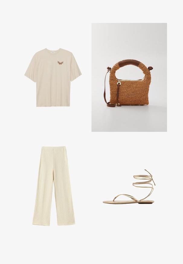 Bež t-shirt iz bombaža s kratkimi rokavi, ki ima na prsih majhen rjav grafični motiv peruti in napis "SLEEPY CLUB".; Široke hlače iz teksturirane krem tkanine. Oblikovanje vključuje valovito strukturo, z visokim pasom in dolžino hlač do tal.; Zlate ravne sandale z tankimi spiralnimi gležnjarji, odprto obliko prstov in minimalistično podplat. Imajo gladek, metalni zaključek.; Rjava pletena torbica z zaobljenim ročajem. Ima zadrgo in nastavljiv trak, ki ga dopolnjuje usnjen dodatek na ročaju.