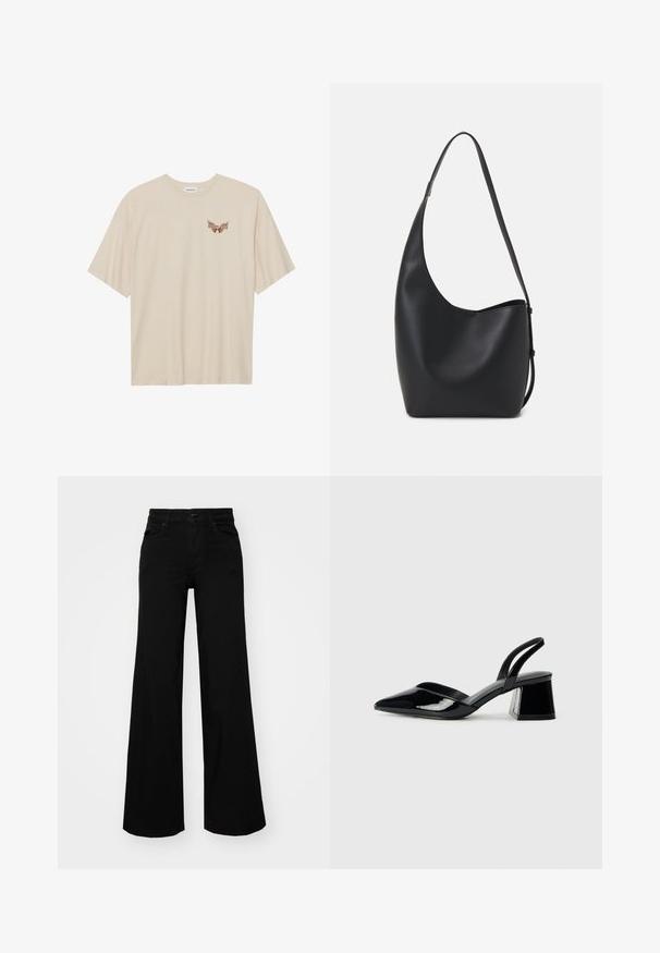 Beige cotton t-shirt with short sleeves, featuring a small brown graphic of wings and the text "SLEEPY CLUB" on the chest.; Black wide-leg pants made of denim, featuring a structured waistband, belt loops, and front pockets. Smooth texture with a classic design.; Black patent leather slingback heels with a pointed toe and a geometric block heel. Features a sleek, minimal design and smooth texture.; Black leather hobo bag with a smooth texture, curved shape, and single adjustable strap; features a wide opening at the top.