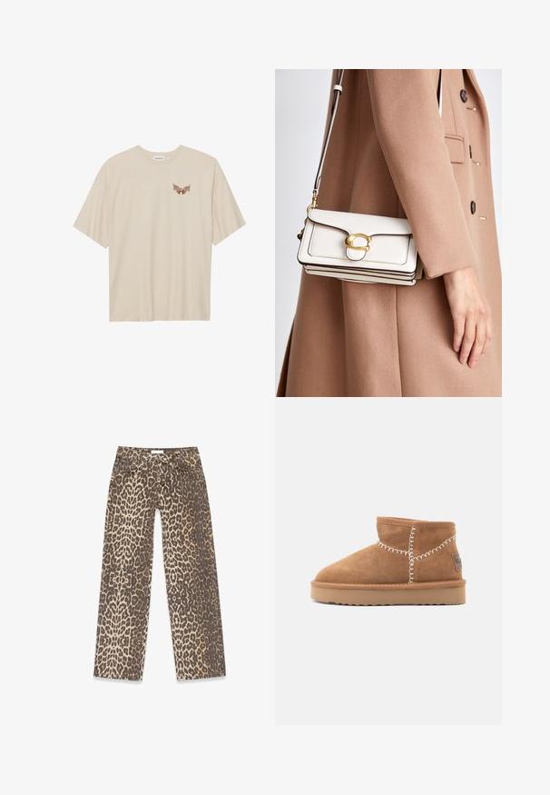Beige bomulls t-shirt med kort ärm, med en liten brun grafik av vingar och texten "SLEEPY CLUB" på bröstet.; Jeans i leopardmönster med en neutral beige och brun färgpalett, rak bendesign och traditionella fickdetaljer.; Bruna mocka ankelstövlar med rund tå, vit dekorativ sömnad och en tan gummisula med ett zick-zack mönster.; Vit läder crossbody-väska med ett guldspänne, med en strukturerad design, kontrasterande kanter och ett tunt justerbart band.