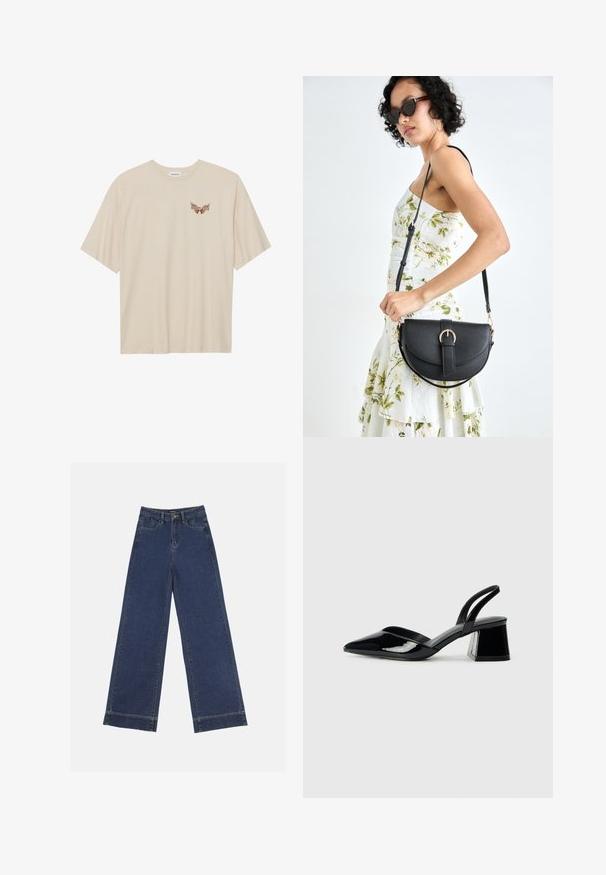 Béžové bavlněné tričko s krátkým rukávem, s malým hnědým grafikou křídel a textem "SLEEPY CLUB" na hrudi.; Džíny s širokými nohavicemi v tmavě modrém denimovém provedení. Disponují pěti kapsami, poutky na opasek a surovým lemem na spodní straně s viditelnými detailem šití.; Černé lakované kožené lodičky na pásku s špičatou špičkou a geometrickým blokovým podpatkem. Vyznačují se elegantním, minimalistickým designem a hladkým povrchem.; Černá kožená kabelka s křivkovým tvarem, odnímatelným popruhem a zlatými detaily. Kabelka má klopu s přezkou.
