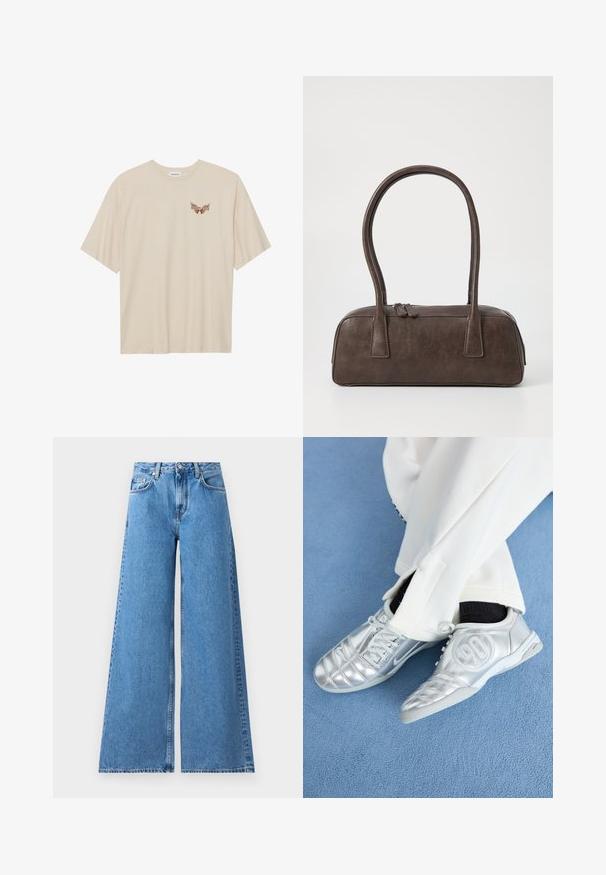 Beige bomulds t-shirt med korte ærmer, der har et lille brunt grafisk motiv af vinger og teksten "SLEEPY CLUB" på brystet.; Vide ben blå denim jeans med høj talje, som har et klassisk fem-lomme design og syninger langs siderne for ekstra detalje.; Sølv athletic sko med en glat, skinnende finish, der har et syet design og nummer 90 på siden, parret med hvide bukser.; Brun lædertaske med to robuste håndtag, rektangulær form, glat tekstur og lynlås lukning. Minimalistisk design uden synlige mønstre.