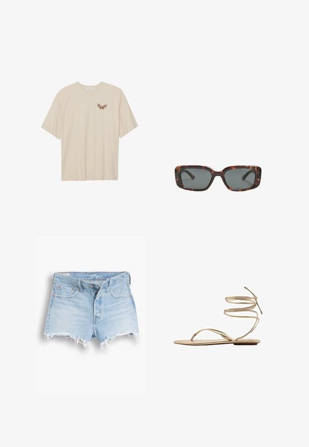 Vaaleanbeige puuvillainen t-paita lyhyillä hihoilla, jossa on pieni ruskea grafiikka siivistä ja teksti "SLEEPY CLUB" rinnassa.; Vaaleansiniset farkkushortsit, joissa on korkea vyötärö, risaiset helmat, viisi taskua ja erottuva ommel. Kaksi nappia edessä kiinnityksessä.; Kultaiset tasapohjaiset sandaalit ohuilla, kierteisillä nilkkaviilloilla, avonaisella varpaalla ja minimalistisella pohjalla. Varustettu sileällä, metallinhohtoisella pinnalla.; Silmälasit pähkinäkuoresta, joissa on suorakulmaiset linssit, paksut kehykset ja tummennetut linssit. Sileä pinta ja minimalistinen muotoilu.; Ruskea kudottu käsilaukku, jossa on pyöreä kahva. Varustettu vetoketjullisella sulkimella ja säädettävällä hihnalla, jota korostaa nahkakiinnitys kahvassa.