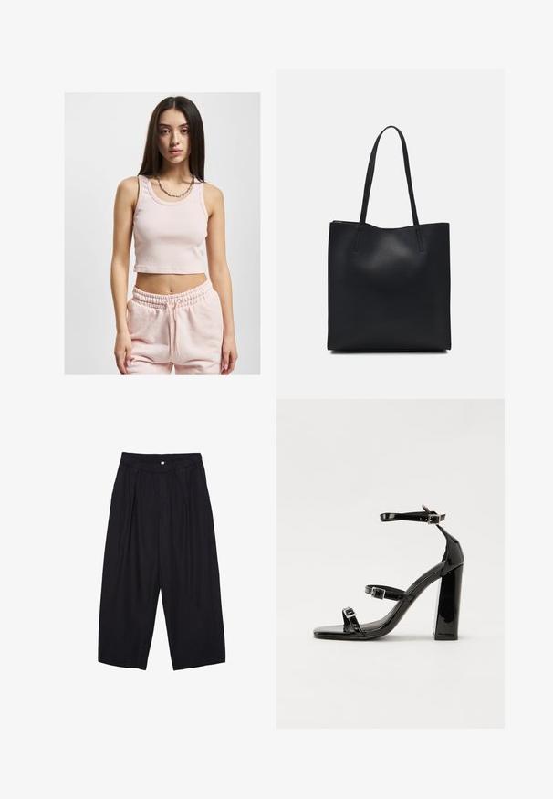 Lichtroze cropped tanktop met geribbelde textuur, brede schouderbanden en een ronde halslijn, gecombineerd met bijpassende sweatpants.; Zwarte polyester culottes met een elastische tailleband, twee voorkreukels en een losse pasvorm. Geen zichtbare patronen of hardware-details.; Zwarte gepatenteerde sandalen met hak en een vierkante neus, enkelbandjes en zilveren gespen. Heeft een stevige blokhak voor stabiliteit.; Zwarte leren handtas met een gladde textuur, rechthoekige vorm en twee lange handvaten. Geen zichtbare hardware of versieringen.