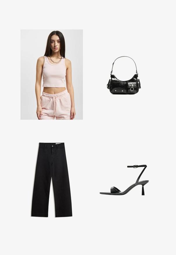 Top scurt de culoare roz deschis, cu textură în dungi, bretele late și guler rotund, purtat împreună cu pantaloni de trening asortați.; Pantaloni din denim negri cu picioare largi, cu talie înaltă, având buzunare frontale și posterioare, cusături dublate și închidere cu nasture. Textură netedă.; Bershka Sandale cu toc - black; Geantă de mână din piele lăcuită neagră, cu o formă curbată, un umăr, buzunare frontale și accente din metal argintiu.