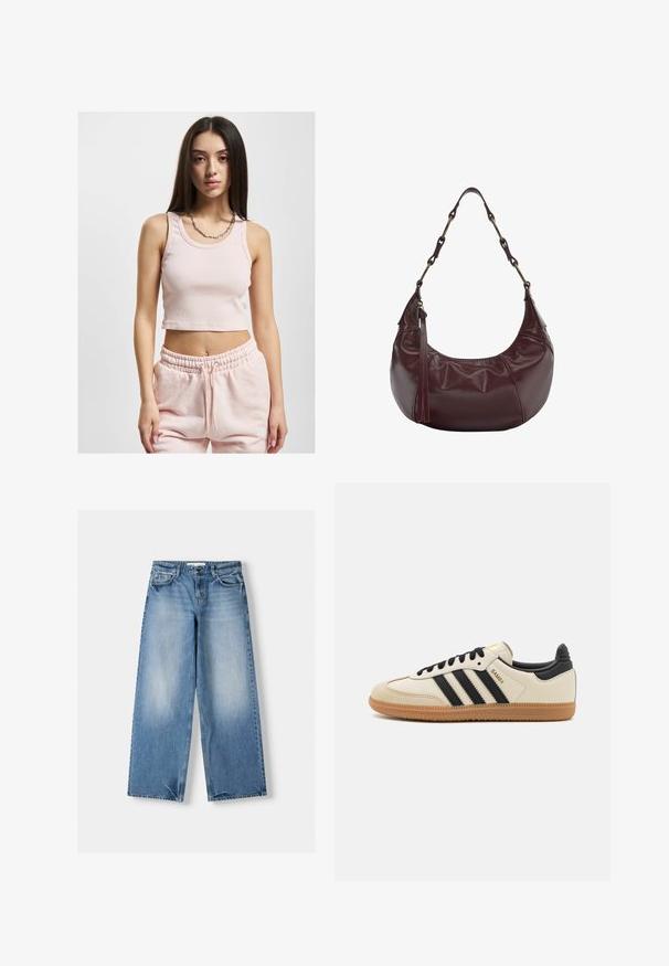 Top corto rosa chiaro con texture a coste, spalline larghe e scollatura rotonda, abbinato a pantaloni da tuta coordinati.; Jeans blu chiaro con vestibilità rilassata, gamba ampia e sezioni sbiadite. Realizzati in denim con un classico design a cinque tasche e chiusura con bottone in alto.; Scarpa sportiva beige con strisce nere, suola in gomma naturale e dettagli neri. Presenta una tomaia in pelle liscia e un design a punta arrotondata.; Borsa in pelle bordeaux con forma rotonda, catena e tracolla in pelle, caratterizzata da dettagli plissettati e chiusura con zip di lato.