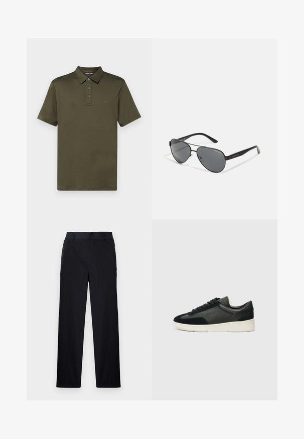 Michael Kors SLEEK NEW - Lihtne T-särk - ivy; Mustad püksid, millel on kerge, tekstuuriga kangas, sirge jala disain, elastne vöökoht ja küljetaskud sipsiga.; Madala kraaniga tennisetossud, millel on musta suedi ja tekstureeritud naha kombinatsioon, valge kummist tall ja mustad laced. Külje peal on õrn bränding.; Mustad aviator-prillid tumedate läätsede, õhukese metallraami ja saledate plastikvarsadega, millel on logo aktsendid.