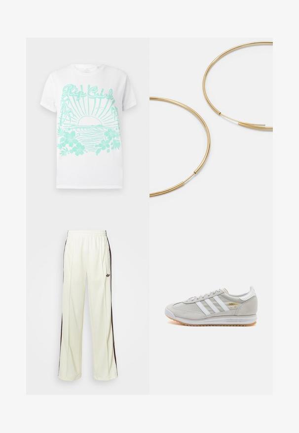 T-shirt blanche à manches courtes avec impression turquoise d'un soleil se couchant sur des vagues océaniques, des palmiers, des fleurs d'hibiscus et le texte "Rip Curl".; Pantalons de survêtement couleur crème avec une coupe décontractée, présentant des rayures latérales marron foncé et un logo brodé sur la cuisse gauche.; Basket en cuir suédé et mesh gris clair, avec trois bandes blanches, bout rond et semelle en caoutchouc naturel. Accent logo doré près des lacets.; Boucles d'oreilles en forme de créole dorées, fines et rondes, avec une finition métallique lisse et sans embellissements ni motifs.