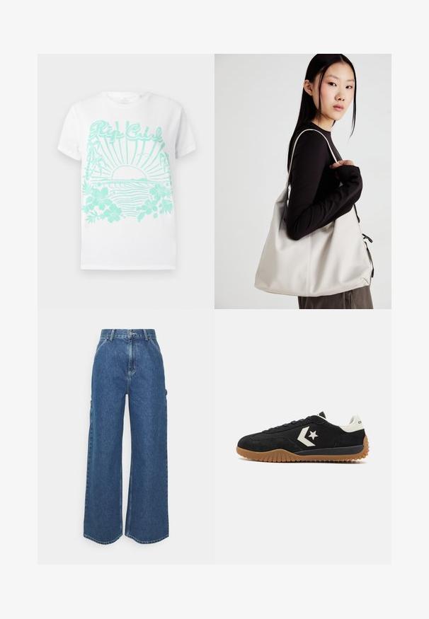 White short-sleeve t-shirt with turquoise print of a sun setting over ocean waves, palm trees, hibiscus flowers, and "Rip Curl" text.; Wide-leg blue denim trousers with a high waist, contrasting stitching, and side pockets, featuring a classic five-pocket design and raw hems.; Black suede sneaker with a white leather heel and logo, featuring a textured rubber sole and flat lace design.; Beige handbag made of soft material, featuring a slouchy design, stitched detailing, and two shoulder straps. Suitable for everyday use.