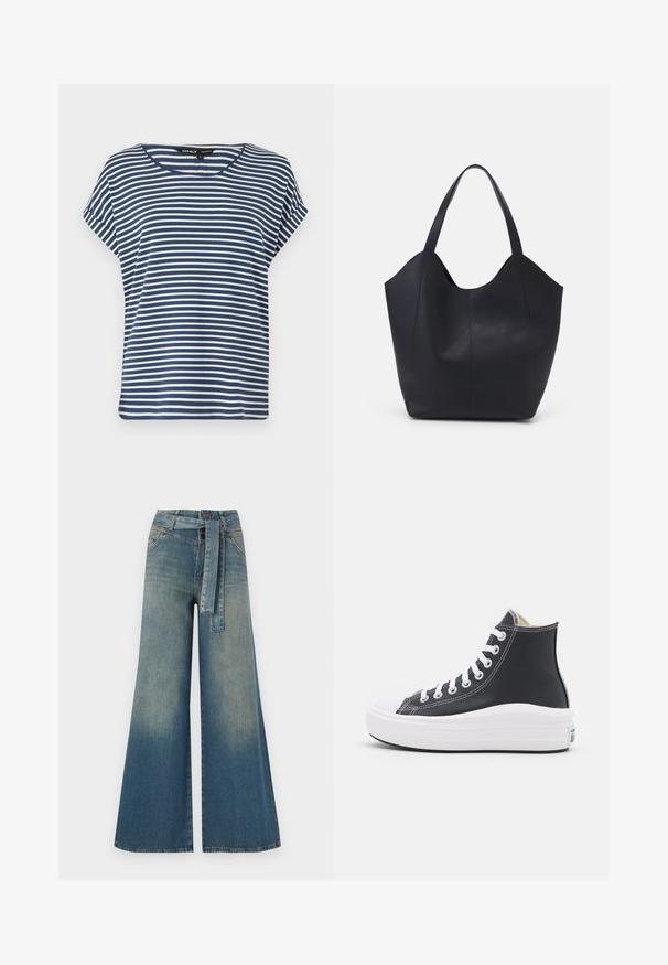 Sinine ja valge triibuline lühikeste varrukatega särk ümmarguse kaelaauguga, valmistatud pehmest kangast, millel on mugav lõige ja kerged küljesplitsid allääres.; Laiad denimpüksid, millel on hele tume sinine gradiendiefekt, kõrge vöökoht, vöökumlid ja sobivast kangast vöö. Struktureeritud denimi viimistlus.; Mustad musta värvi kõrge ankle'iga tennisepaar, millel on valged paelad ja kummist põhi. Omab siledat nahkteksti ja valgeid õmblusaktsente.; Must must kinnas must rinna, millel on kaarjas avatud ülemine osa, kaks õlarihma ja minimalistlik disain.