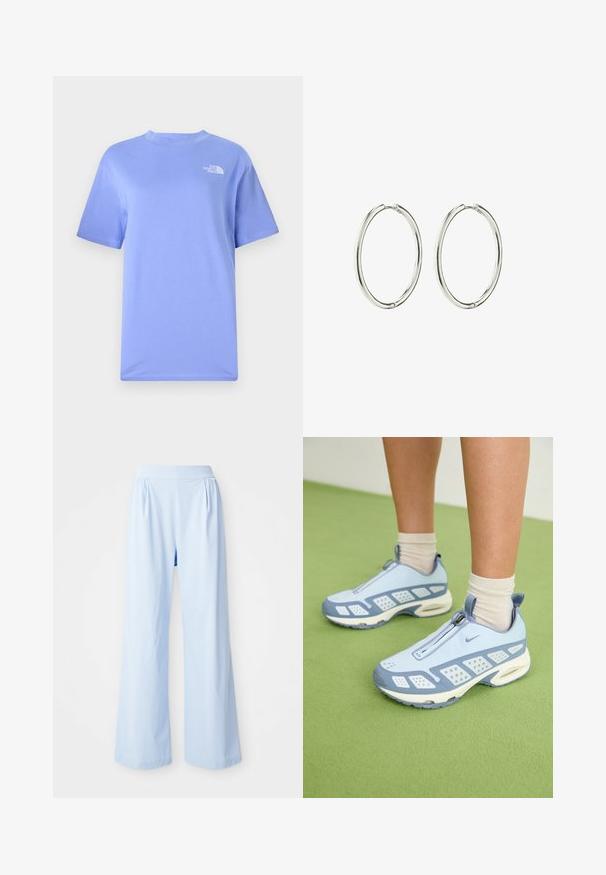Gaiši zilas īsām piedurknēm T-krekls no kokvilnas, ar apaļu kakla izmēru un mazu baltu logotipu augšējā kreisajā krūtī.; Gaiši zili plati bikses ar gludu tekstūru, elastīgu jostasvietu un krokām priekšpusē. Izgatavotas no mīkstas auduma.; Gaiši zili sporta apavi ar baltajiem akcentiem, teksturētām paneļiem un ar rāvējslēdzēja aizdari. Raksturīga redzama gaisa amortizācijas zole un gumijas zole.; Sudraba riņķveida auskari ar gludu, pulētu apdari. Apaļas formas, viegla konstrukcija, ar drošu aizdari.