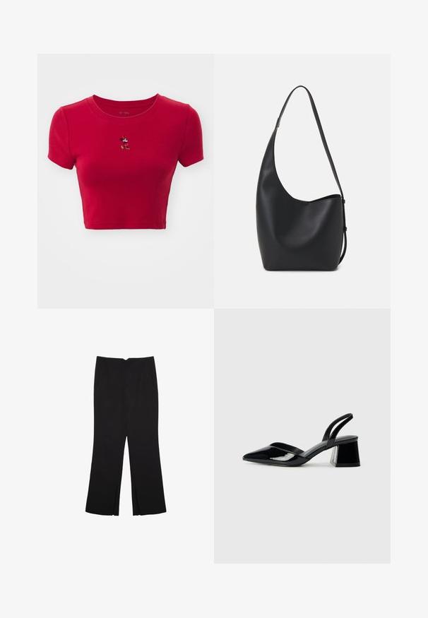 GAP TEE - Printtipaita - red; Mustat housut suoralinjaisella leikkauksella, joissa on etutaskut ja sivurei'ät helman alla. Valmistettu pehmeästä ja sileästä kankaasta. Sopii eri tilaisuuksiin.; Mustat patentoitu nahkakengät, joissa on säären takaosa ja terävä kärki, sekä geometrinen palikkakorko. Sisältää tyylikkään, minimalistisen muotoilun ja sileän pinnan.; Musta nahkainen hobo-laukku, jossa on sileä pinta, kaareva muoto ja yksi säädettävä olkahihna; sisäänkäynti on leveä ylhäältä.