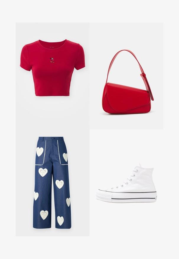 GAP TEE - Nyomott mintás póló - red; Sister Jane HEART TO HEART - Egyenes szárú farmer - blue denim; Fehér magaskorsó vászon sportcipő fekete gumi talppal, elülső gumi orrnyereggel és hat fűzőlyukkal, letisztult, minimalista dizájnnal.; Piros bőr kézitáska szögletes, geometrikus kialakítással. Egy állítható pánttal és varrott részletekkel ellátott fedélzárral rendelkezik.