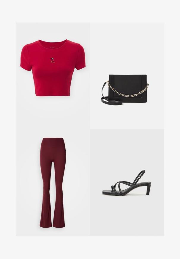 GAP TEE - T-shirts print - red; Højtaljede, dybrøde leggings med en tætsiddende lårdel og flagrende lægdesign på en neutral baggrund.; Sort remsandale med firkantet tå og en lav blokeret hæl. Har flere tynde stropper og en justerbar ankelrem. Fremstillet af glat læder.; Sort læder crossbody taske med en glat tekstur, rektangulær form og en metallisk kæde detalje foran. Justerbar skulderrem inkluderet.