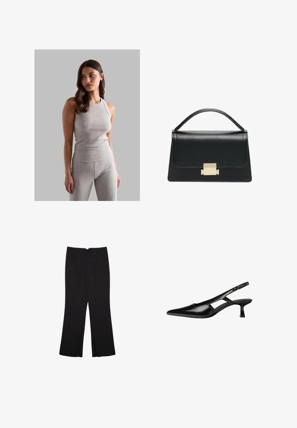 Szary, prążkowany top na ramiączkach z okrągłym dekoltem, w połączeniu z pasującymi legginsami z wysokim stanem, z gładką fakturą i dopasowanym krojem.; Czarne spodnie o prostym kroju, z przednimi kieszeniami i bocznymi rozcięciami na dole. Wykonane z miękkiego, gładkiego materiału. Odpowiednie na różne okazje.; Czarne lakierowane czółenka na odkrytej pięcie z wąskim noskiem, z wykrojem po bokach i małym kwadratowym obcasem. Gładka faktura z minimalnymi akcentami.; Czarna skórzana torebka o zorganizowanej konstrukcji, z górną rączką i złotym metalowym zapięciem z przodu. Gładka faktura, minimalne przeszycia.