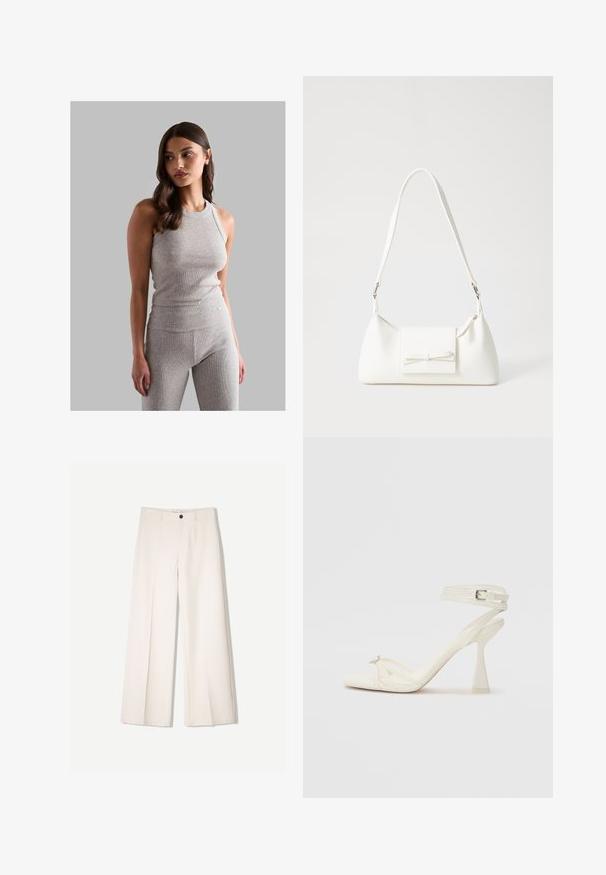 Graues geripptes Tanktop mit Rundhalsausschnitt, kombiniert mit passenden hochgeschnittenen Leggings, die eine glatte Textur und eine figurbetonte Passform aufweisen.; Cremfarbene weitem Hosen mit maßgeschneidertem Design, ausgestattet mit zwei vorderen Taschen und einem vorderen Knopfverschluss, aus glattem Stoff gefertigt.; Sandaletten aus weißem Leder mit hohen Absätzen, schlankem Design, transparentem Blockabsatz und einem dekorativen Element an der Zehe.; Weiße synthetische Handtasche in dreieckiger Form, flache Vorderklappe und Schleifendetail, verstellbarer Trageriemen, glatte Textur und minimalistisches Design.