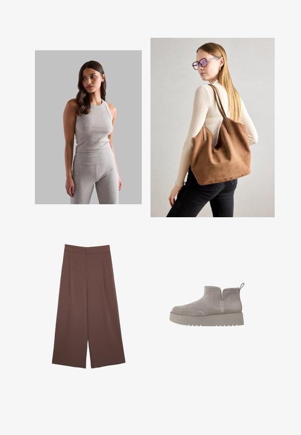 Siv modr riban top z okroglo izrezom, v kombinaciji z usklajenimi hlačami z visokim pasom, ki imajo gladko teksturo in prilegajoč dizajn.; Rjave široke hlače z gladko teksturo, ki imajo visok pas in sprednje naborke. Tkanina je lahka in prosto pada.; Sivi nubuk čevelj do gležnjev z nizkim profilom, elastičnimi stranskimi paneli in teksturirano gumijasto podplato. Ima zanko za enostavno oblačenje.; Rjava semišna torba z mehko teksturo, velikim odprtjem in dolgimi ročaji. Ima preprost dizajn z vidnim šivanjem in brez okovja.