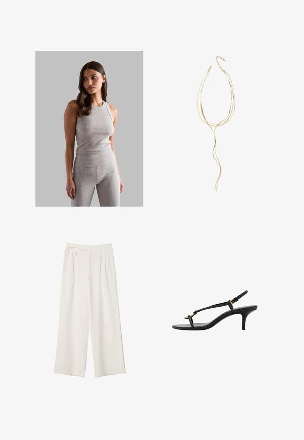 Harmaa ribbattuja hihattomia toppeja, joissa on pyöreä pääntie, yhdistettynä samanvärisiin korkeavyötäröisiin legginsseihin, joissa on sileä pinta ja vartaloa myötäilevä muotoilu.; Lepuh lebar dengan kain putih krem yang halus. Memiliki pinggang yang diikat dan bagian depan berlipit, dirancang untuk potongan yang santai.; Mustat nahkakengät, joissa on kissankorko, ohuet hihnat, kultainen solki ja minimalistinen varvaslenkki valkoisella taustalla.; Kulta monikiteinen kaulakoru aaltoilevilla muodoilla; sisältää sileän, heijastavan metallipinnan ja säädettävän ketjun pituuden henkilökohtaista mukauttamista varten.