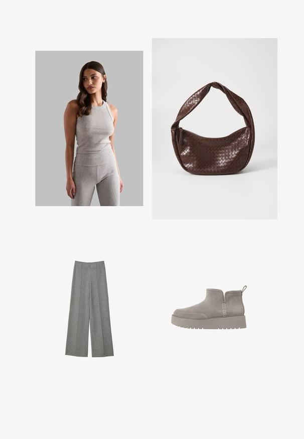 Šedý žebrovaný top na ramínka s kulatým výstřihem, v kombinaci s odpovídajícími legíny s vysokým pasem, které mají hladký povrch a přiléhavý střih.; Šedé kalhoty s širokými nohavicemi a texturovanou tkaninou. Obsahují sklady vedené podél přední části, pas a žádné viditelné zapínání.; Šedá nubuková kotníková bota s nízkým profilem, elastickými bočními panely a texturovanou gumovou podešví. Obsahuje poutko pro snadné obouvání.; Hnědá tkaná kožená taška s prohnutou, uzlovou rukojetí a zipovým uzávěrem. Hladký povrch a zaoblený tvar.