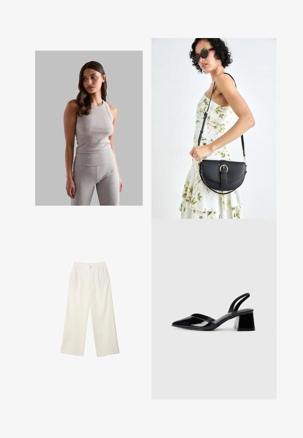 Siv modr riban top z okroglo izrezom, v kombinaciji z usklajenimi hlačami z visokim pasom, ki imajo gladko teksturo in prilegajoč dizajn.; Hlače širokih nogavic iz kremaste tkanine z gladko teksturo, z enim sprednjim gumbom, diskretnimi plisami in visokim pasom.; Črne lakirane slingback pete s koničastim nosom in geometrijsko blokasto peto. Imajo eleganten, minimalističen dizajn in gladko teksturo.; Črna usnjena torbica s ukrivljeno obliko, z odstranljivo naramnico in zlatimi dodatki. Torbica ima pokrov s podrobnostmi v obliki zaponke.
