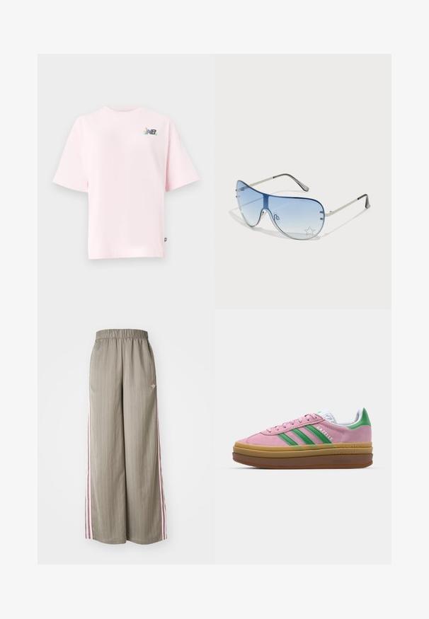 Short-sleeve, crew-neck t-shirt in light pink cotton, featuring a colorful New Balance logo on the left chest. Regular fit, soft texture.; Light olive green wide-leg pants with vertical pinstripes, elastic waistband, and pink side stripes. Features a small logo on the hip.; Pink suede sneakers with green stripes, white accents, and a brown rubber sole. Features textured fabric and logo detailing on the side.; Aviator sunglasses featuring a gradient blue lens, silver metal frame, and decorative star accents on the lens. Smooth and sleek design.
