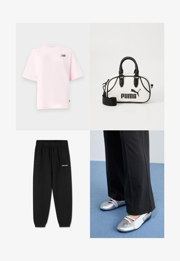 Majica s kratkimi rokavi in okroglim izrezom v svetlo roza bombažu, z barvitim logotipom New Balance na levem prsnem delu. Redna prileganje, mehak otip.; Črne športne hlače iz mehkega blaga, z elastičnim pasom na vezalko, ožjimi nogami in stranskimi žepi. Na sprednji strani bel logo "PEGADOR".; Srebrni in beli ravni čevlji s prečnimi naramnicami in strukturiranimi detajli, dopolnjeni z ohlapnimi črnimi hlačami. Postavljeno na modro tla.; Bela torbica z črnimi detajli, ki ima logotip Puma. Krajše, zaobljene ročke in snemljiv trak, izdelana iz teksturiranega sintetičnega materiala.