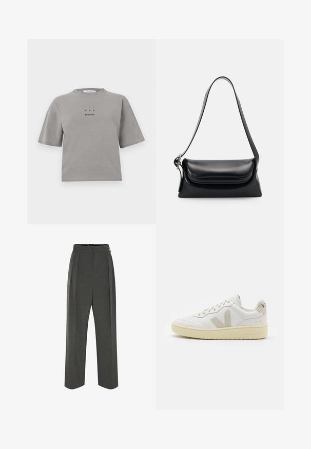Szara bawełniana koszulka z krótkim rękawem, okrągłym dekoltem i logo z przodu "GPH STUDIOS" w czerni. Luźny krój.; Szare spodnie o szerokich nogawkach wykonane z fakturowanej tkaniny, z wysokim stanem i plisami z przodu. Projekt obejmuje gładki pas bez widocznych zapięć.; Białe skórzane trampki z beżowymi zamszowymi akcentami, perforowanym noskiem, płaskimi sznurowadłami i teksturowaną kremową podeszwą. Posiadają subtelne logo na pięcie.; Czarna skórzana torebka o zorganizowanym kształcie, gładkiej fakturze i pojedynczym pasku na ramię. Posiada subtelną, zaokrągloną klapkę.