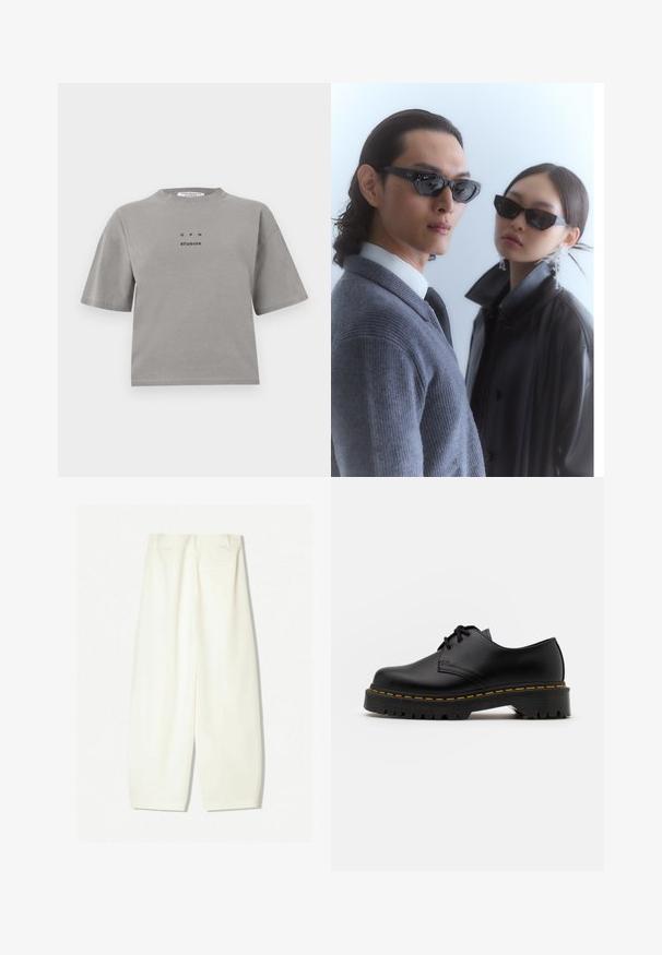 Grau Baumwoll-T-Shirt mit kurzen Ärmeln, Rundhalsausschnitt und einem Front-Logo mit der Aufschrift "GPH STUDIOS" in Schwarz. Entspannter Schnitt.; Weite Hosen aus einem weichen Creme-Stoff, mit glatter Textur, seitlichen Taschen und einem lässigen Schnitt mit mittelhohem Bund.; Schwarze Leder Schnürschuhe mit runder Spitze, strukturiertem Gummisohle und gelben Nähten um den Rand. Flaches Design und glatte Oberfläche.; Sonnenbrille mit eckigen schwarzen Rahmen, getragen von einem Modell mit einem grauen Pullover, der ein strukturiertes Strickmuster zeigt, sowie einer schwarzen Lederjacke, die von einem anderen Modell getragen wird.