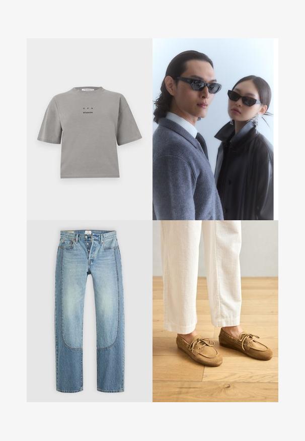 Grå bomullströja med korta ärmar, rund hals och en framsidan med en logotyp som säger "GPH STUDIOS" i svart. Avslappnad passform.; Ljust blå denimjeans med rak, lös passform, som har kontrasterande paneler och en femfickorsdesign. Knappar för stängning.; Bruna mockaskor med snören, med rund tå och sömnadsdetaljer. I kombination med vita manchesterbyxor i en träig miljö.; Solglasögon med kantiga svarta bågar på en modell med en grå tröja som visar upp en strukturerad stickad yta och en svart läderjacka som bärs av en annan modell.