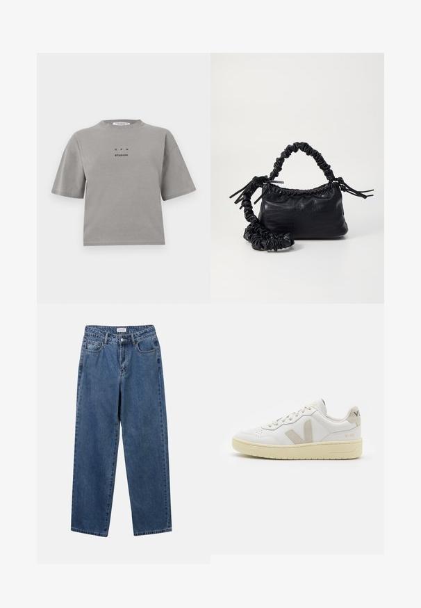 Grå bomulds t-shirt med korte ærmer, rund halsudskæring og en frontlogo med teksten "GPH STUDIOS" i sort. Afslappet pasform.; Klassiske blå denimbukser med lige ben, fem lommer og knaplukning. Har en medium vask og en robust tekstur.; Hvide lærreds sneakers med beige ruskindsdetaljer, perforeret tåboks, flade snørebånd og en struktureret cremefarvet sål. Har diskret branding på hælen.; Sort kunstlæder håndtaske med krokodilteksur, indsnøret top og en sammenkrøben rem. Ser blød og kompakt ud i designet.