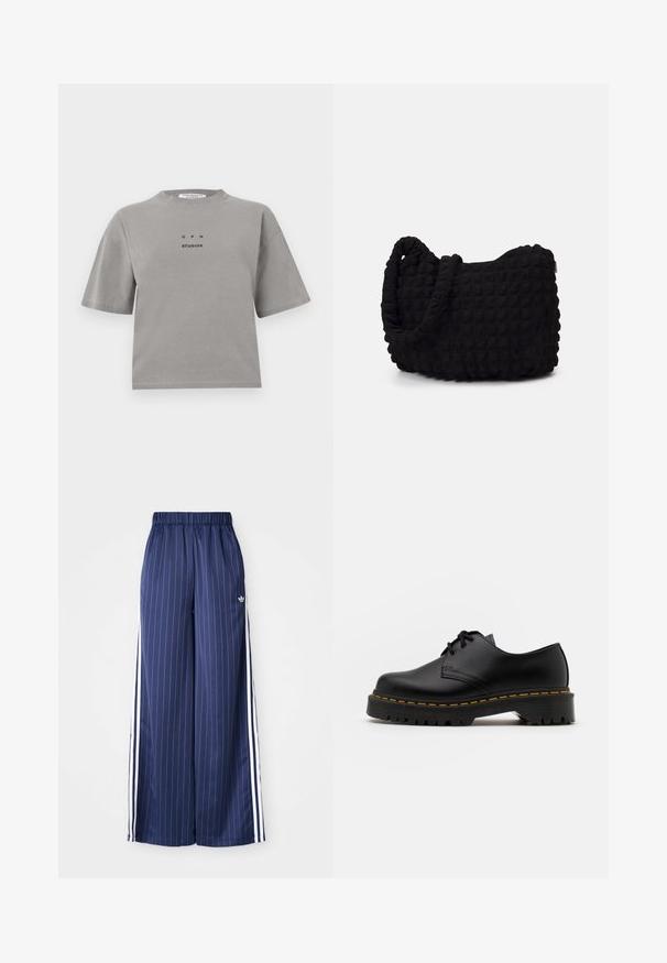 Camiseta de algodón gris con mangas cortas, cuello redondo y un logotipo en el frente que dice "GPH STUDIOS" en negro. Diseño de ajuste relajado.; Pantalones de pierna ancha azul marino con rayas blancas verticales, cinturilla elástica y tres rayas blancas a lo largo de cada lado, fabricados con un material ligero.; Zapato negro de cuero con cordones, punta redondeada, suela de goma texturizada y costuras amarillas alrededor de la base. Diseño plano y acabado suave.; Bolsa de tela negra con un patrón texturizado y acolchado. Forma redondeada, asas cortas y gruesas, y una estructura blanda y flexible.